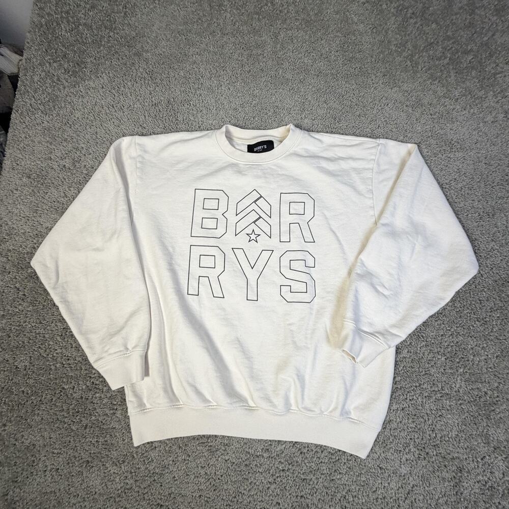 Barry's Sweatshirt Mens L White Cream Pullover Fleece Graphic Logo Gym Training